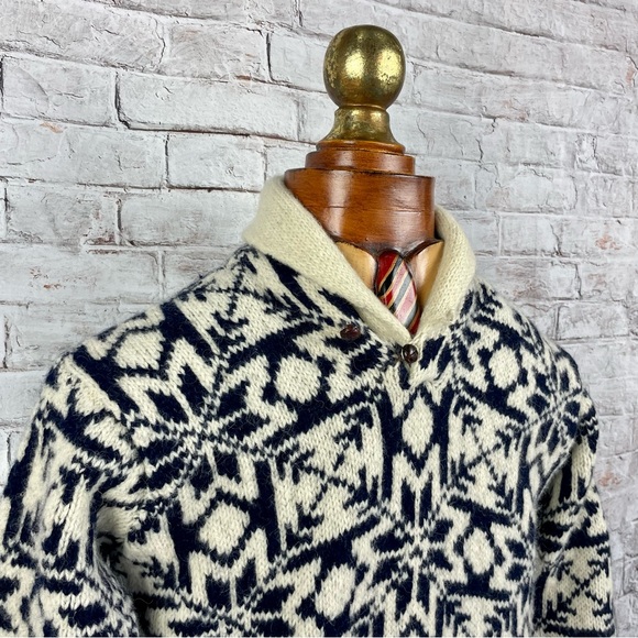 Vtg 90 Polo Country Snowflake Shawl Collar Hand Knit Wool Sweater M - Picture 3 of 10